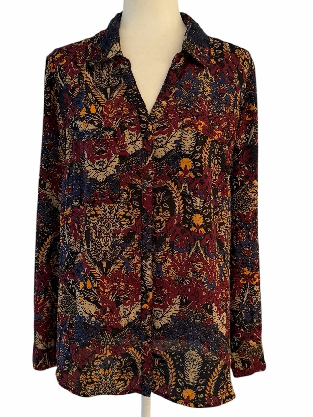 NY Collection Wine Bohemian Multi-Print Roll-Sleeve Button-Front Blouse, L
